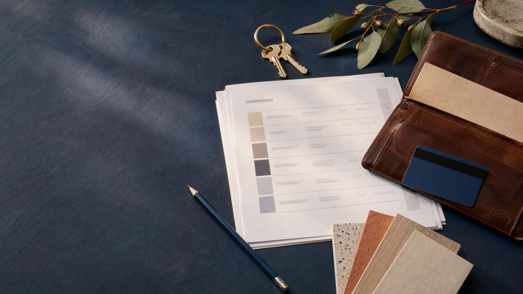 A leather invoice wallet, payment schedule papers, material samples and keys on a navy desk beside eucalyptus leaves.