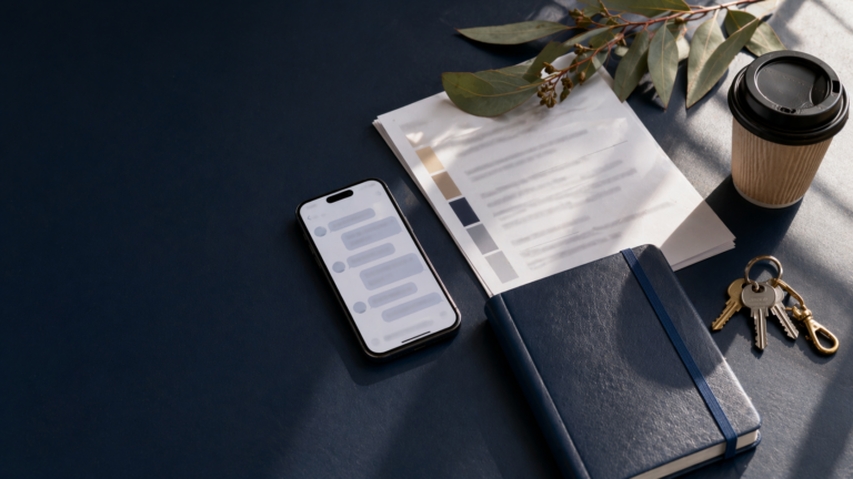 A phone with blurred message bubbles, a printed quote, a blue diary, coffee cup and keys on a navy desk.