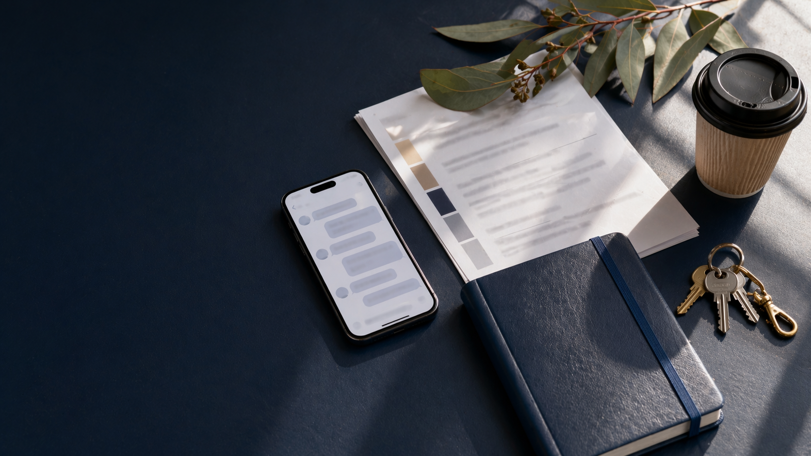 A phone with blurred message bubbles, a printed quote, a blue diary, coffee cup and keys on a navy desk.