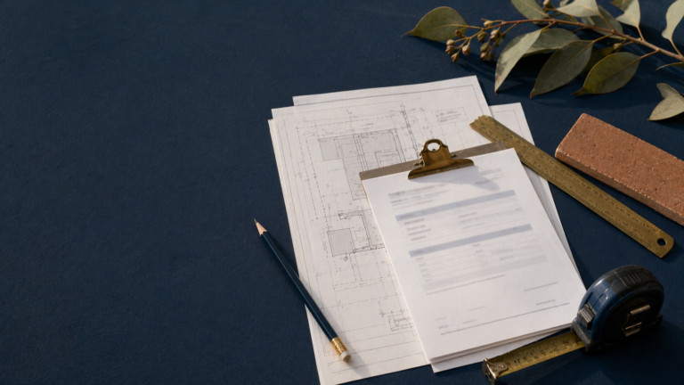 An abstract house plan, clipped variation sheet, builder's pencil, brass ruler and tile sample on a navy work surface.