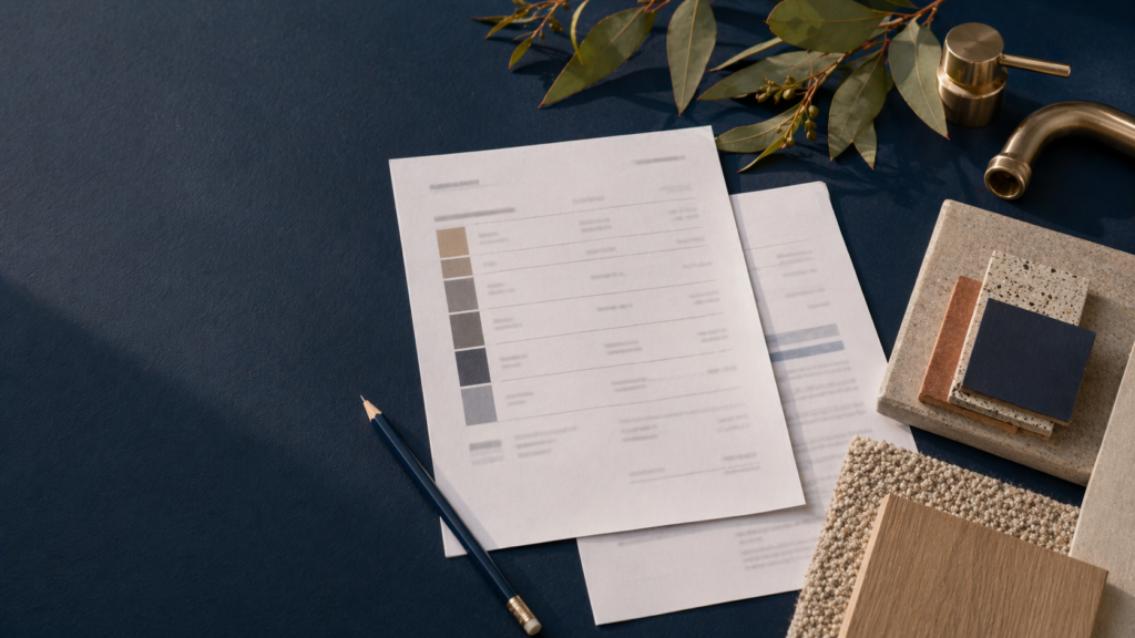Blurred quote pages, material samples, brushed metal tapware and a builder's pencil on a navy desk.