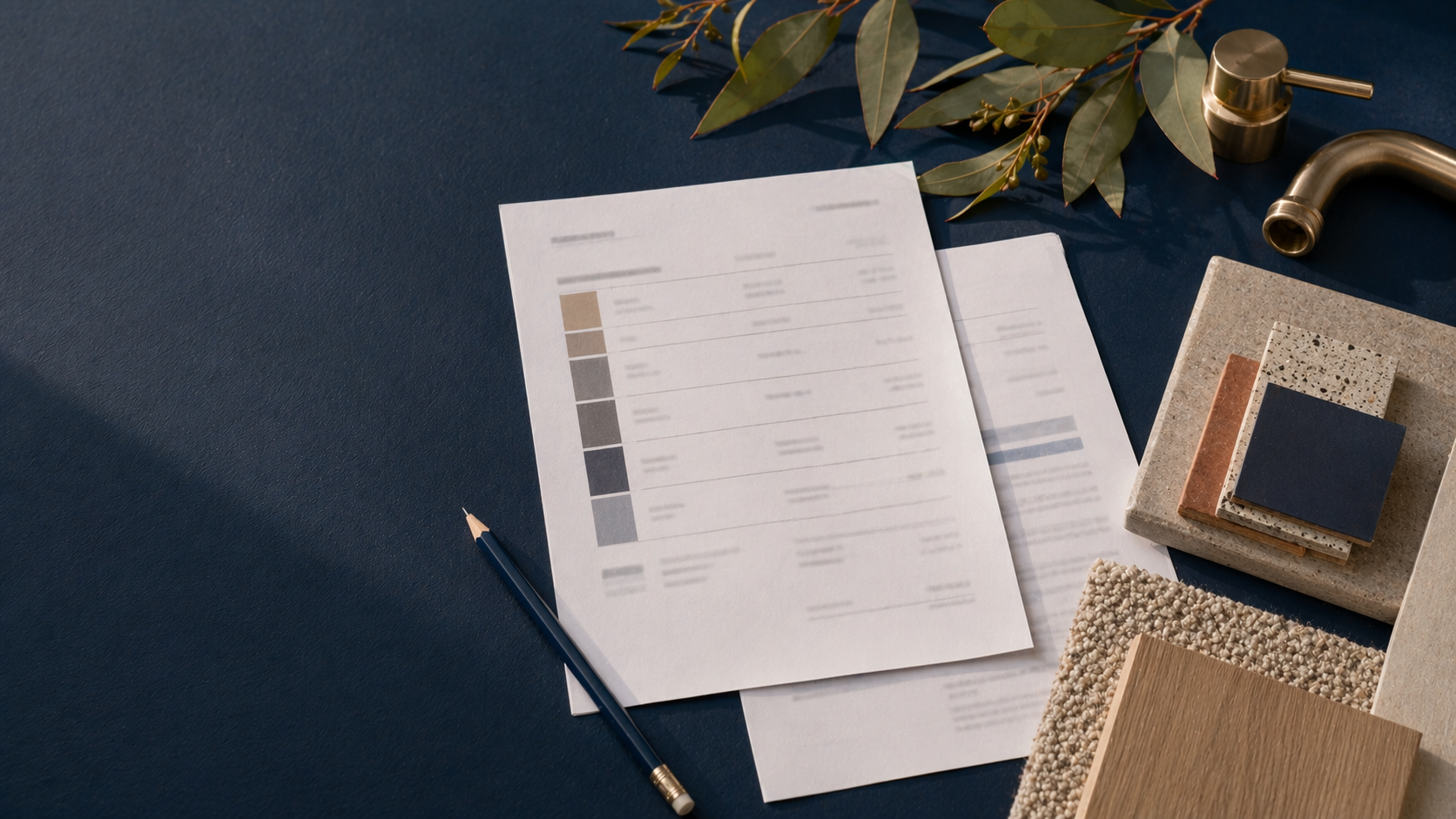 Blurred quote pages, material samples, brushed metal tapware and a builder's pencil on a navy desk.