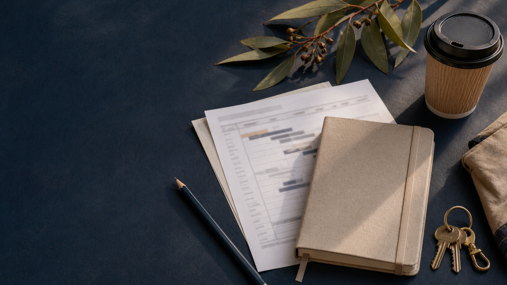 A blurred project schedule, closed diary, builder's pencil, coffee cup and keys on a navy desk.
