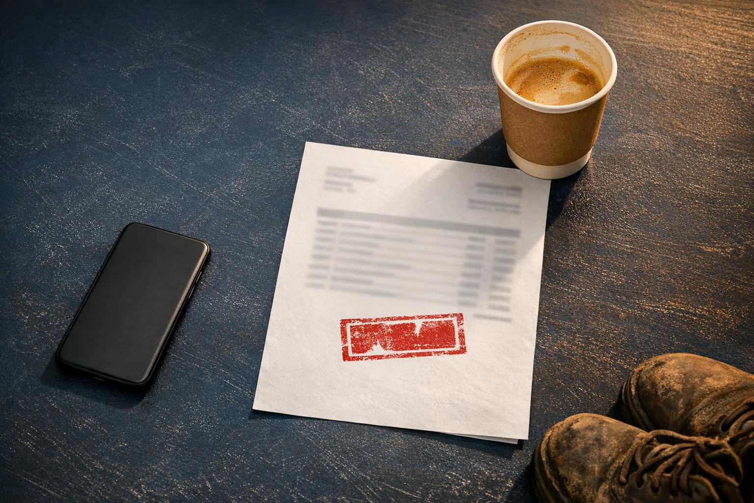 Blurred invoice on a navy desk with a red overdue stamp shape, flat white, phone and worn work boots.