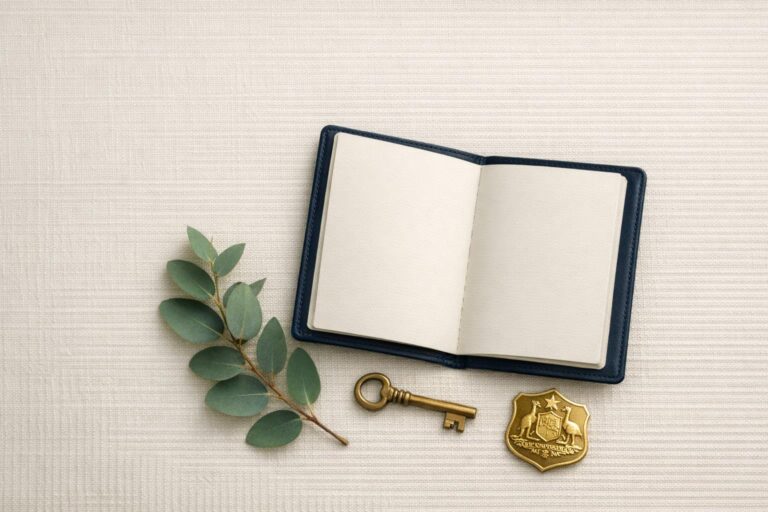 Small navy passport-style booklet on pale linen with eucalyptus, a brass key and a gold badge.