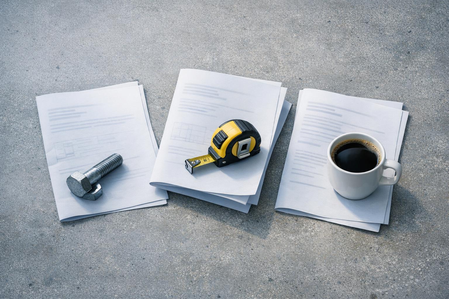 Three folded quote documents on a concrete benchtop with a bolt, tape measure and coffee cup.