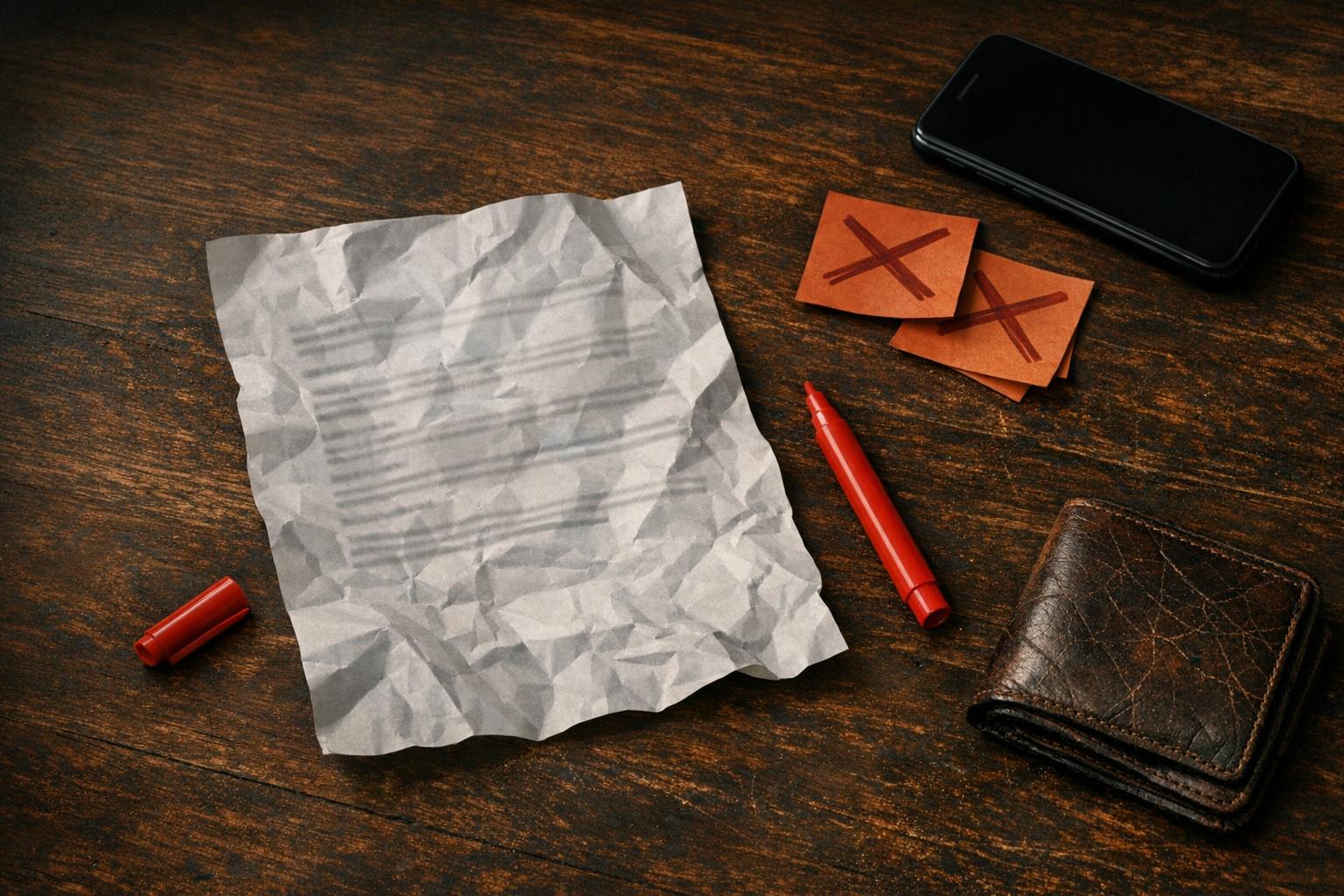 Rumpled contract paper on dark timber with red crossed notes, a pen, phone and cracked leather wallet.