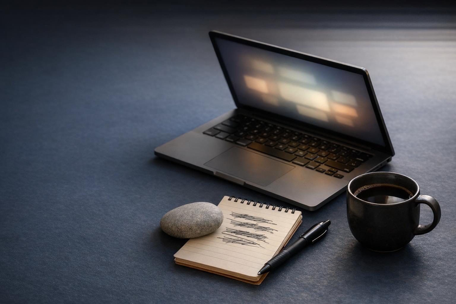 Half-open laptop on a navy desk with coffee, a notepad and a smooth river stone.