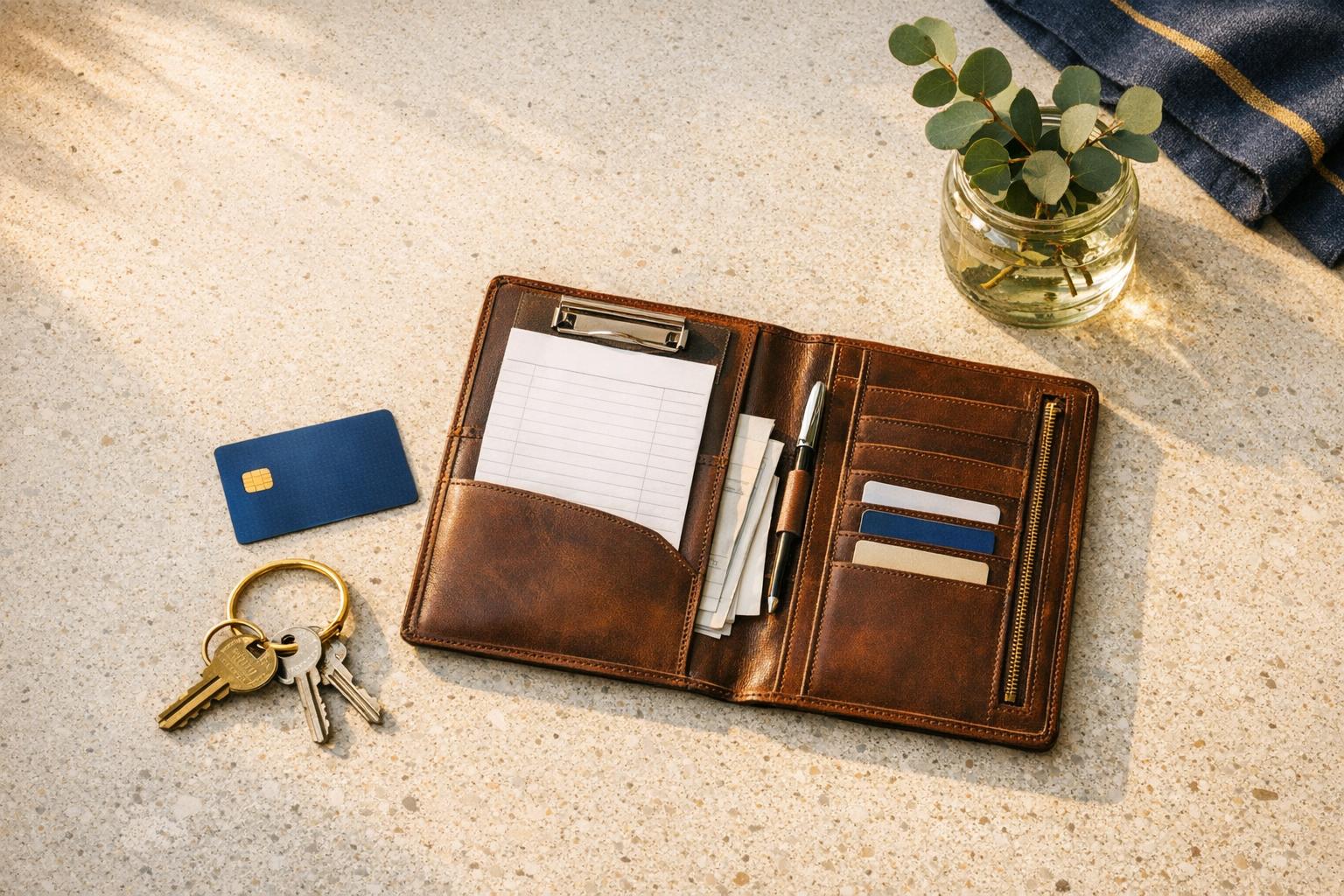 Leather invoice wallet open on a kitchen benchtop with a bank card, house keys and eucalyptus jar.