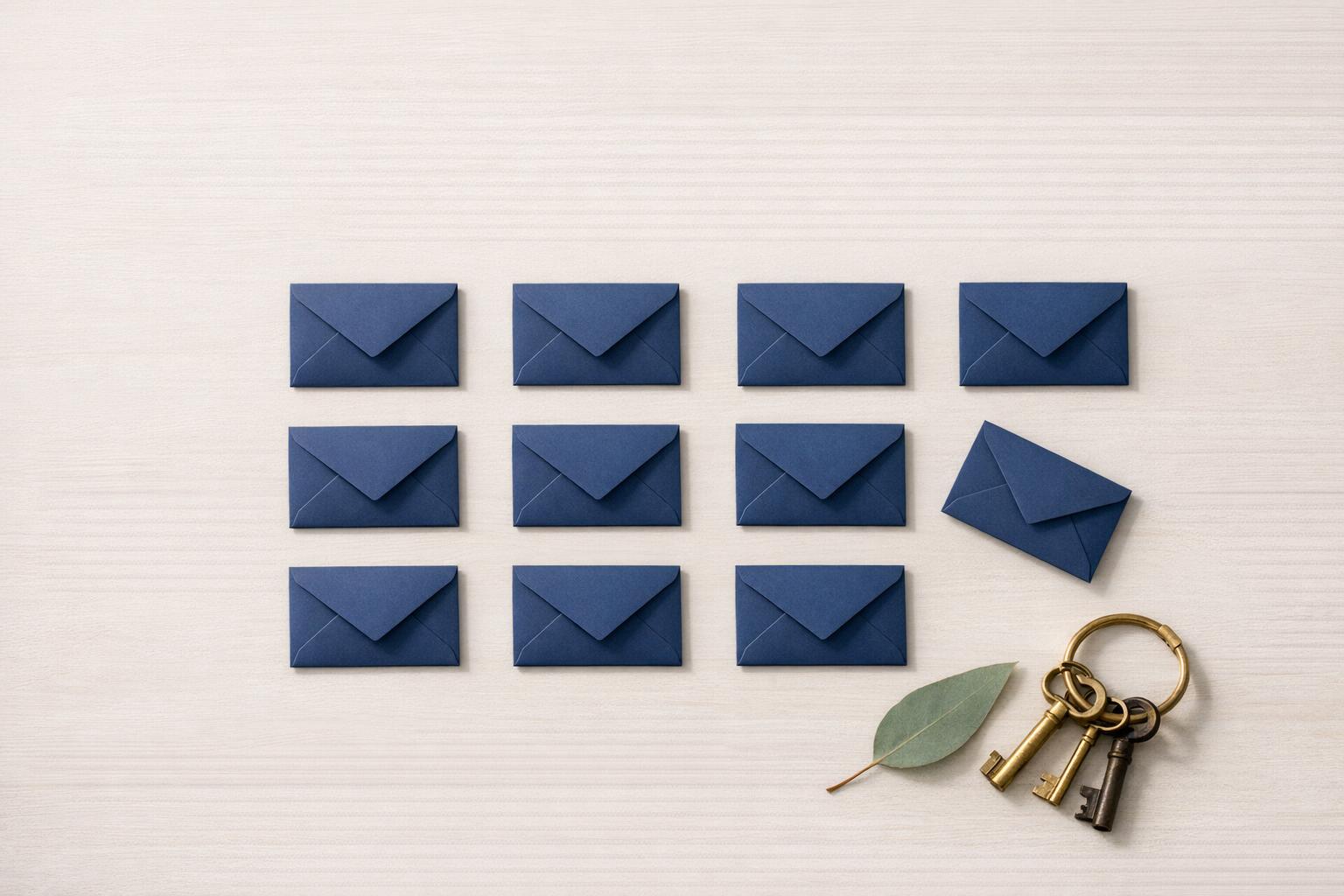 Ten small navy envelopes arranged on a pale surface with keys and a eucalyptus leaf.