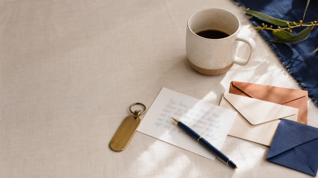 A pen, thank-you card, coffee mug and envelopes arranged on pale linen.