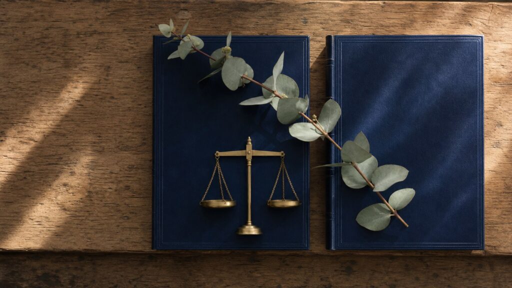 Two navy ledger books with eucalyptus and brass scales on a timber bench.