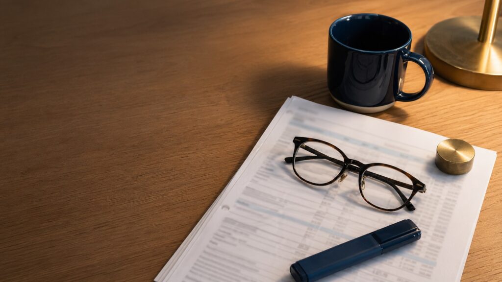 Reading glasses, a navy mug, highlighter and paperweight on a folded document.