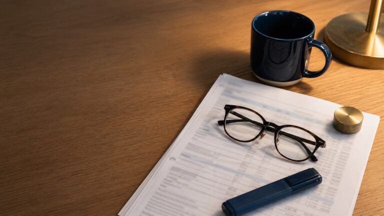 Reading glasses, a navy mug, highlighter and paperweight on a folded document.