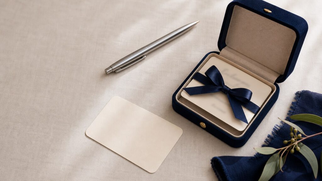 A ribbon-tied gift card in a small box beside a face-down review card.