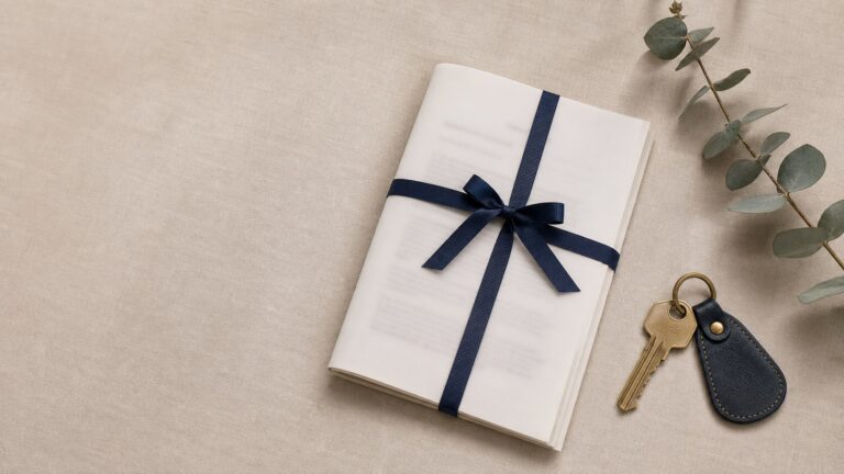 A ribbon-bound document, eucalyptus sprig and brass house key on pale linen.