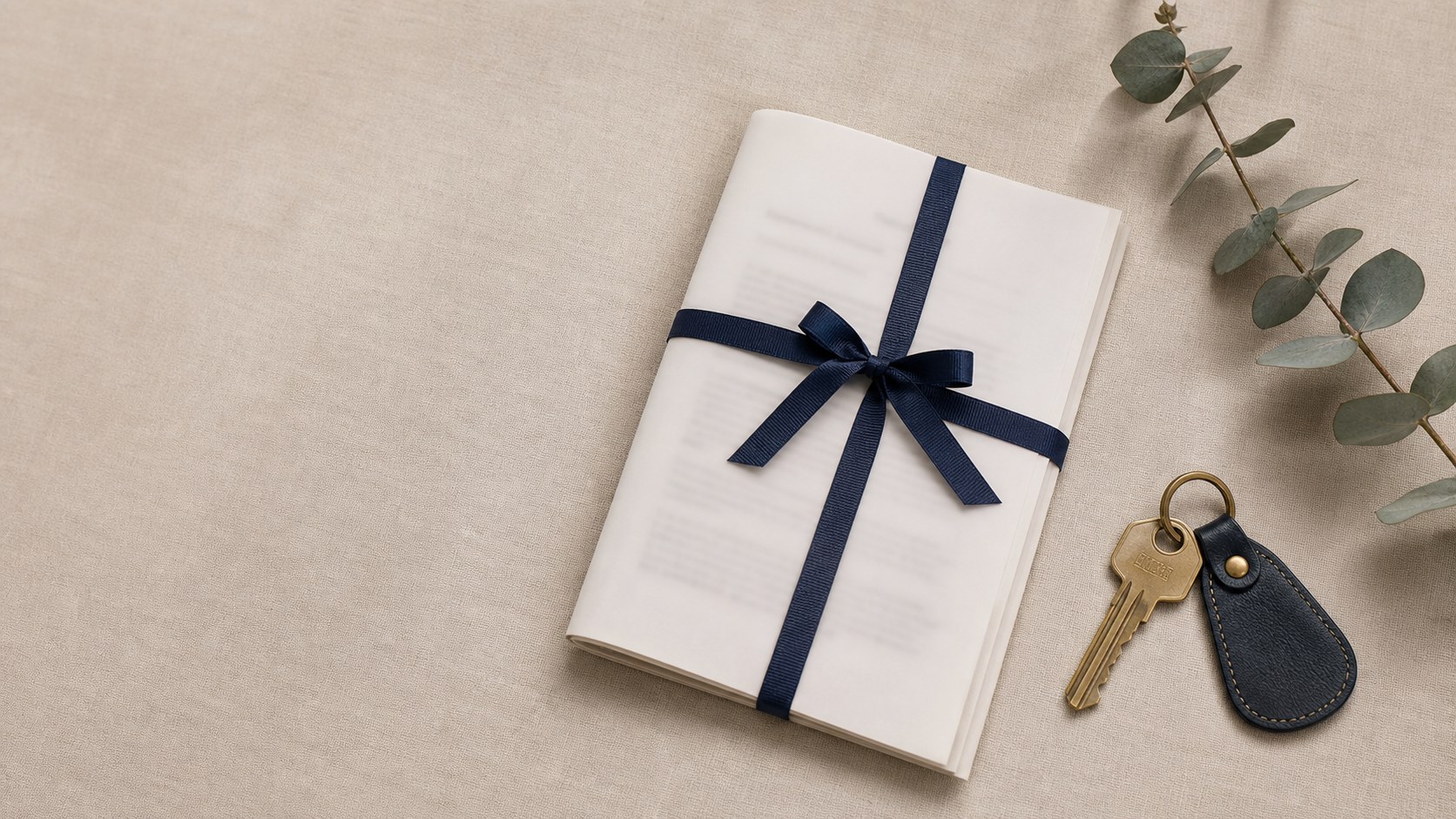 A ribbon-bound document, eucalyptus sprig and brass house key on pale linen.