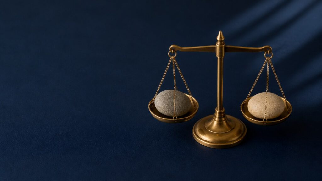 Brass scales holding two smooth river stones on a deep navy surface.