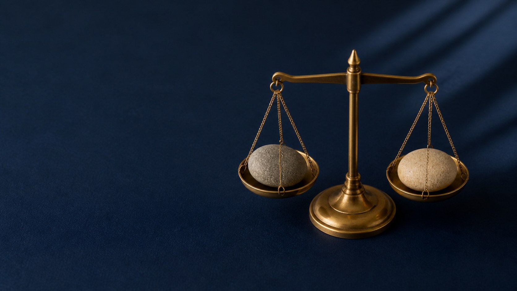 Brass scales holding two smooth river stones on a deep navy surface.