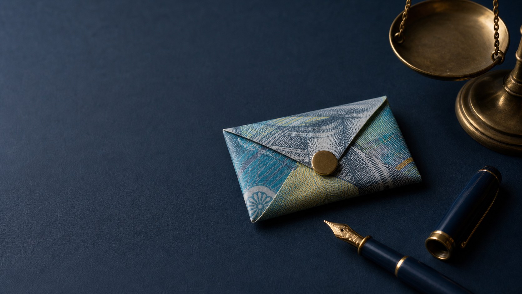 A folded banknote envelope with a brass clasp, fountain pen and scales on a navy surface.