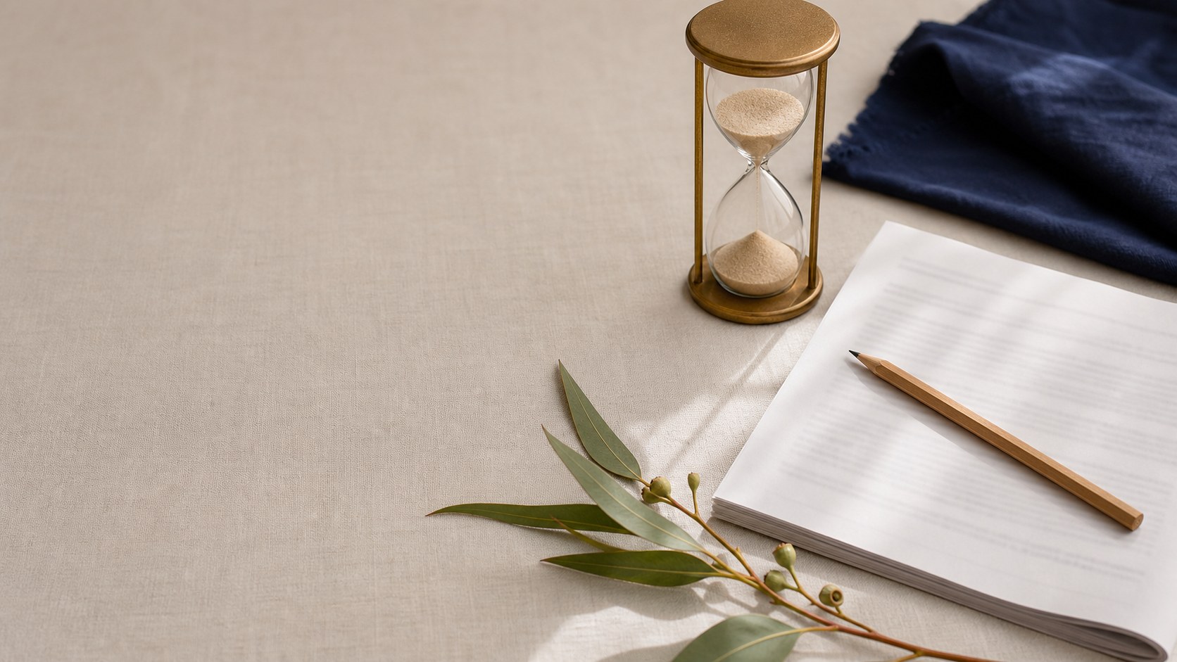 An hourglass, folded contract, carpenter pencil and gum leaves on pale linen.