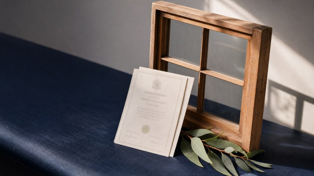 A timber window frame with two blurred certificates and gum leaves on a navy bench.
