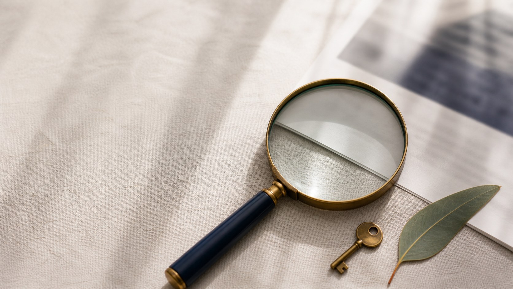 A magnifying glass, folded document, brass key and eucalyptus leaf on pale linen.