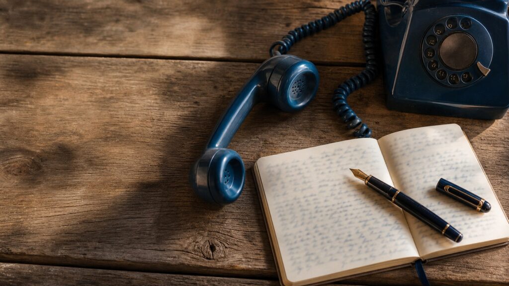 A vintage telephone receiver, open notebook and fountain pen on a timber bench.