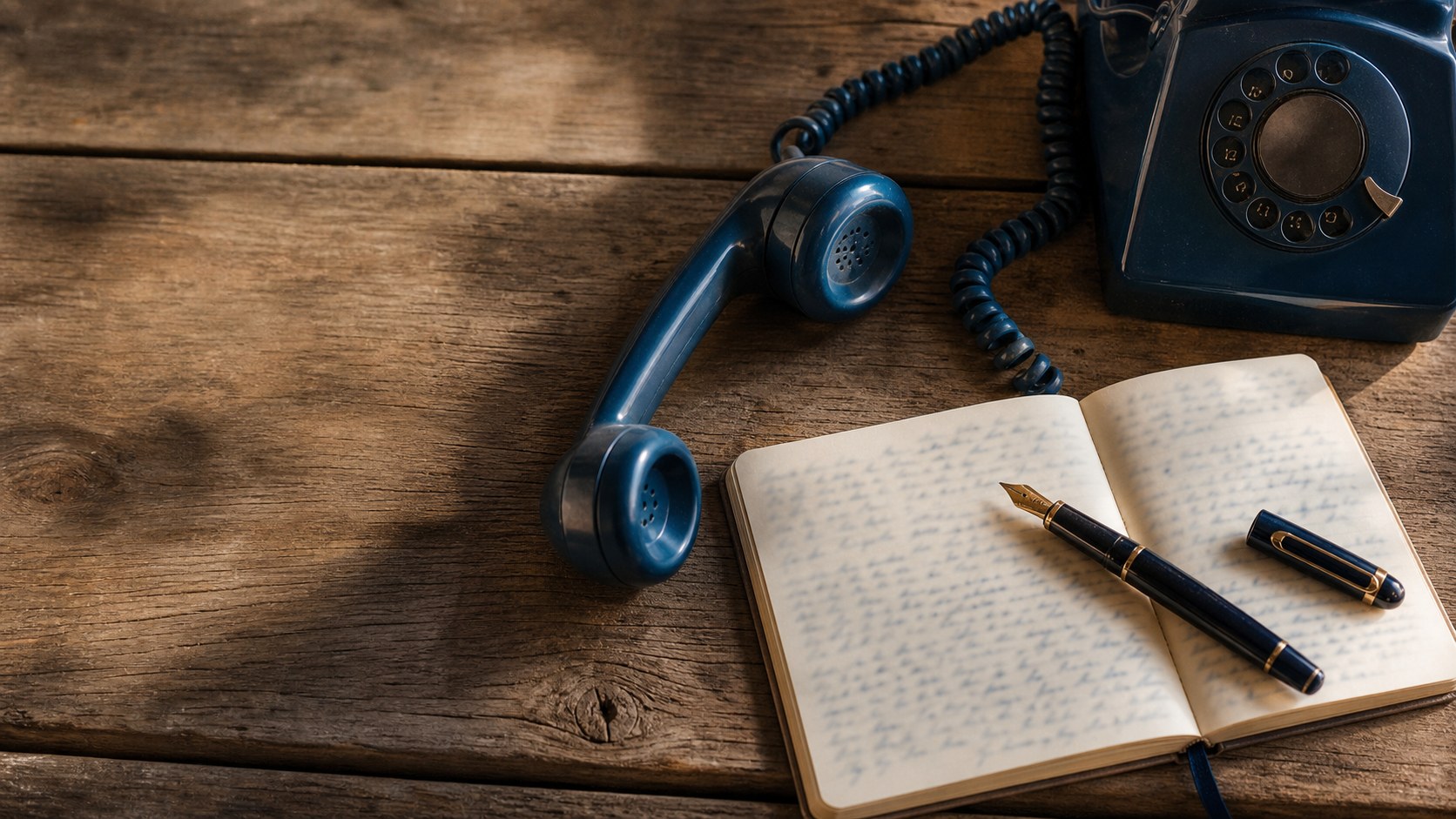 A vintage telephone receiver, open notebook and fountain pen on a timber bench.