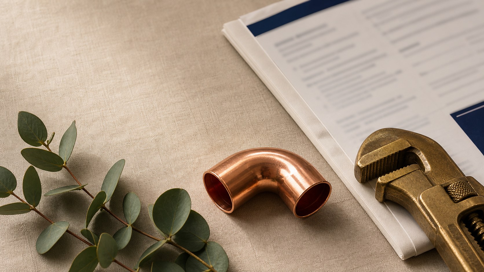 A copper pipe elbow, brass pipe wrench head, blurred document and eucalyptus on pale linen.