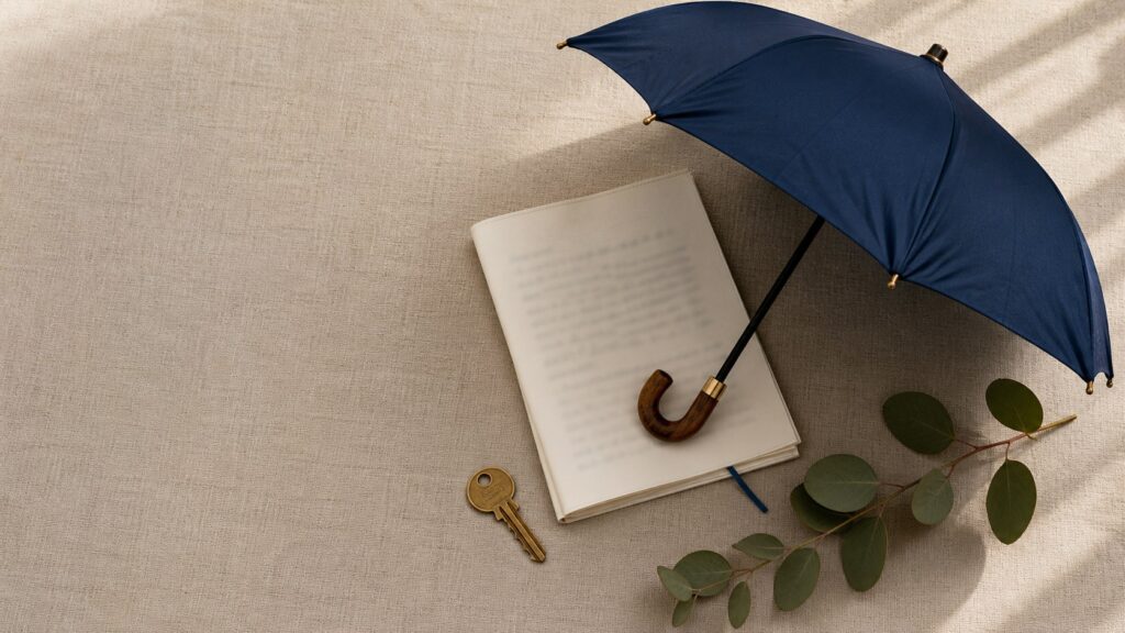 A navy umbrella, folded contract, brass key and eucalyptus sprig on pale linen.