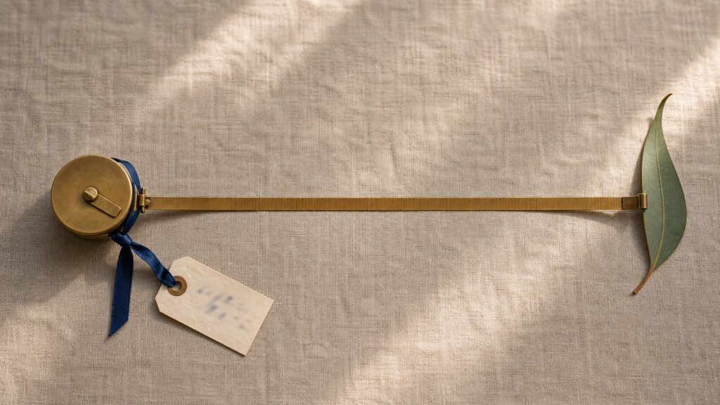 A brass measuring tape, ribbon-tied tag and eucalyptus leaf arranged across pale linen.