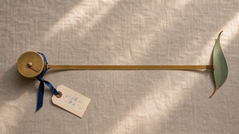 A brass measuring tape, ribbon-tied tag and eucalyptus leaf arranged across pale linen.