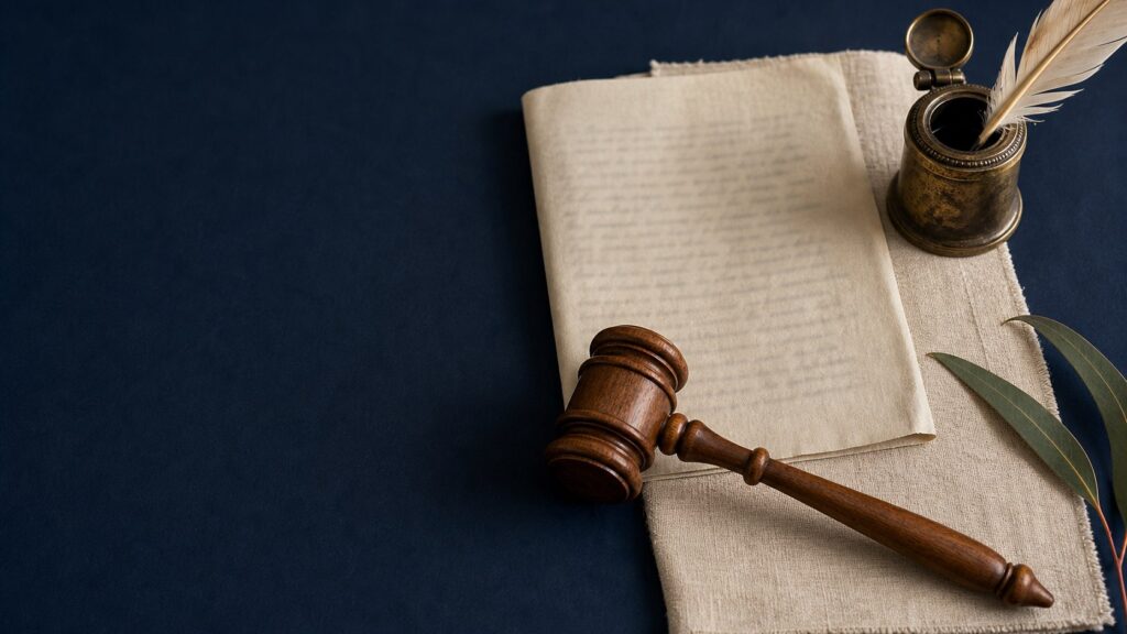A carved wooden gavel, folded document, bronze inkwell and gum leaf on a navy surface.