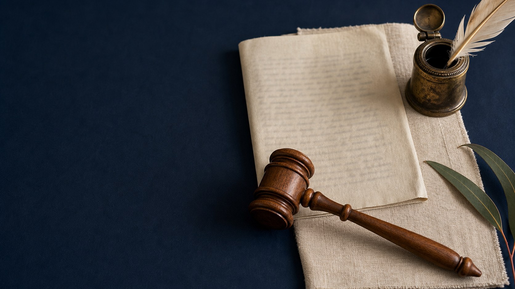 A carved wooden gavel, folded document, bronze inkwell and gum leaf on a navy surface.