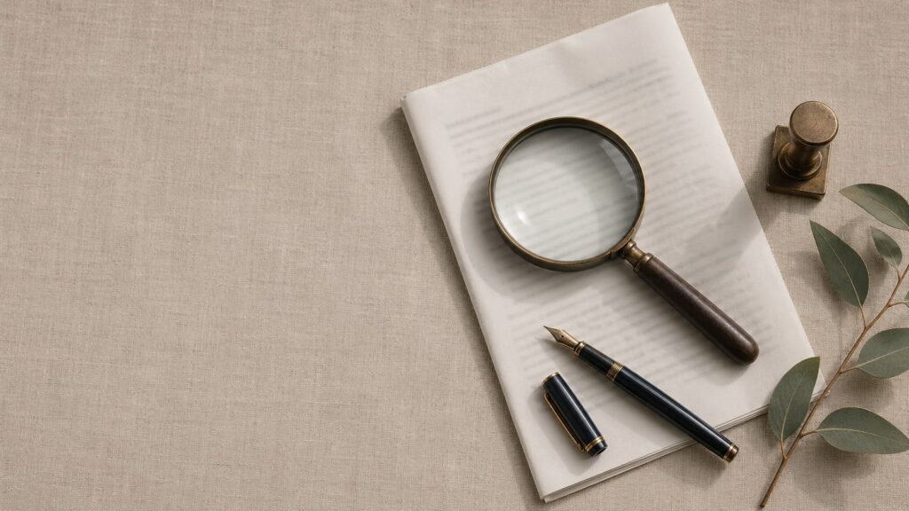 A magnifying glass, folded document, bronze stamp, fountain pen and eucalyptus sprig.