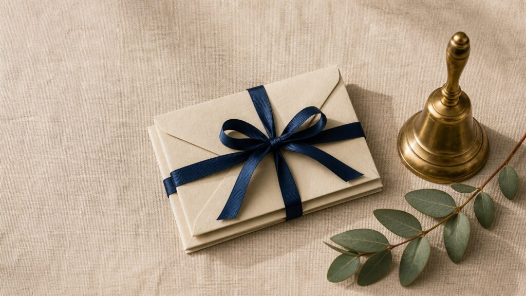 Three sealed envelopes tied with navy ribbon beside a brass bell and eucalyptus sprig.