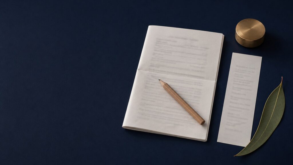 A folded contract, variation strip, carpenter pencil, brass paperweight and gum leaf.