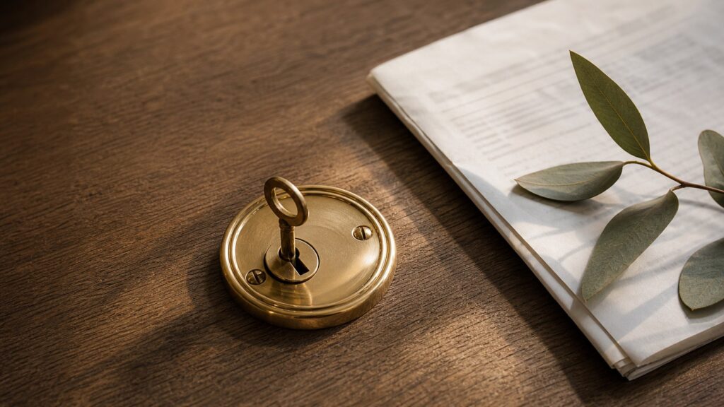 A brass key in a polished lock plate beside a folded document and gum leaves.