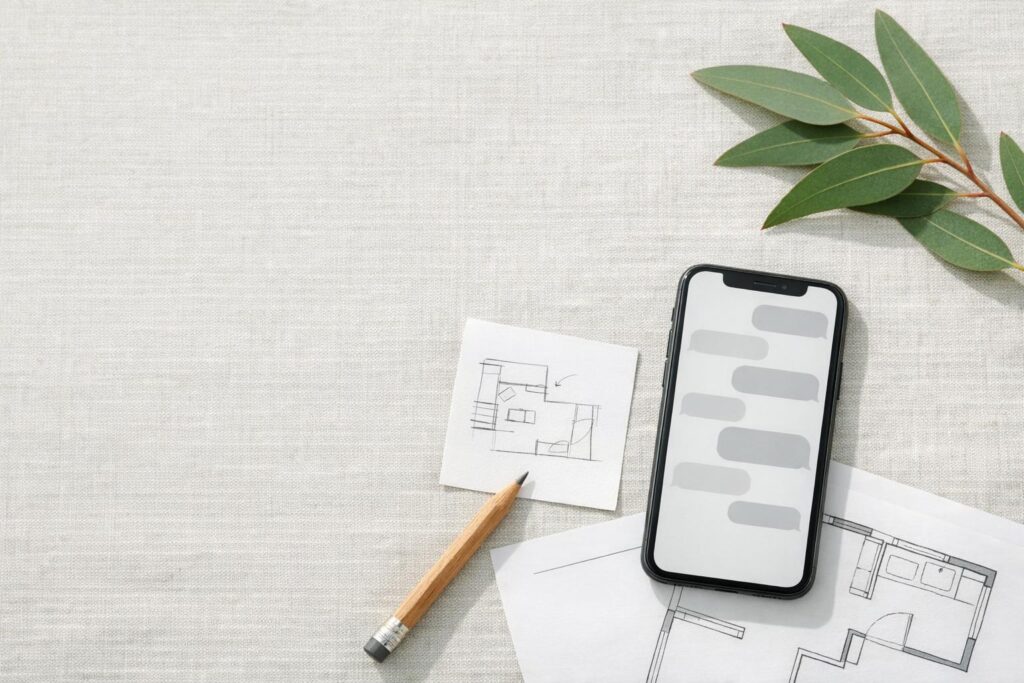 A phone beside sketched room plans, a pencil and a small gum branch on linen.