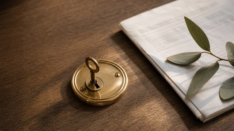 A brass key on folded papers beside a gum branch on a wooden table.