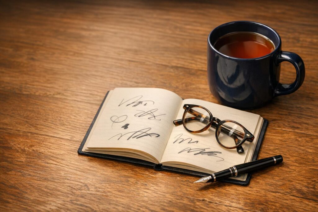 An open notebook with a pen and glasses beside a navy mug on a timber table.