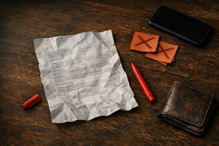 A crumpled sheet, wallet, phone and red marker pieces on a dark timber surface.