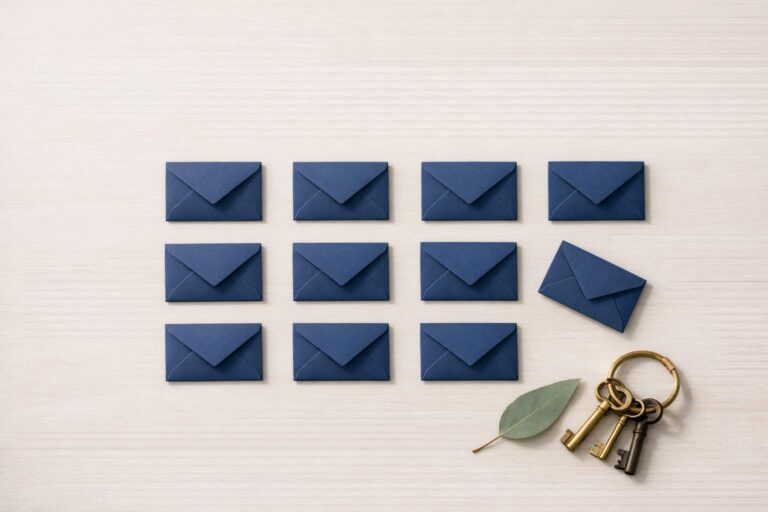 A neat grid of navy envelopes beside keys and a small gum branch.