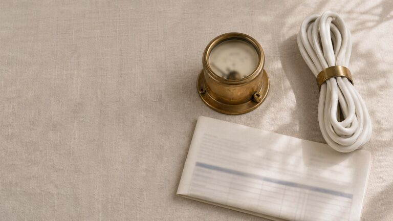 A coiled white cable, brass fitting and papers arranged on a light cloth.