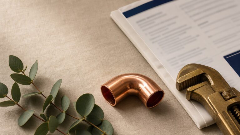 Copper pipe fittings, a spanner and papers arranged beside gum leaves.