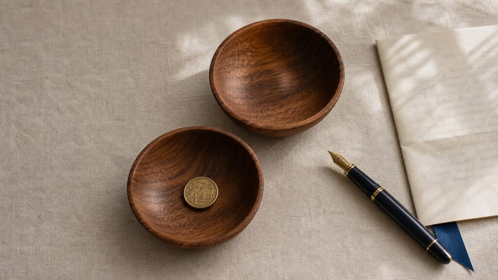 Two small wooden bowls, a pen and paper arranged on a light cloth.