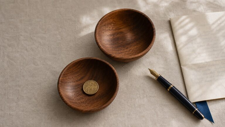 Two small wooden bowls, a pen and paper arranged on a light cloth.