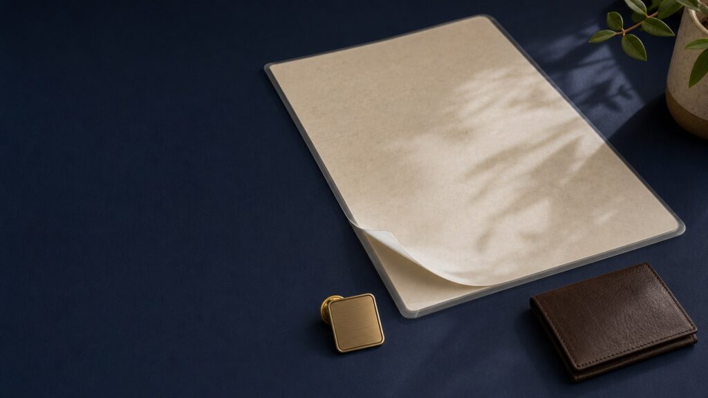 A notebook, wallet and small brass object arranged on dark blue cloth.