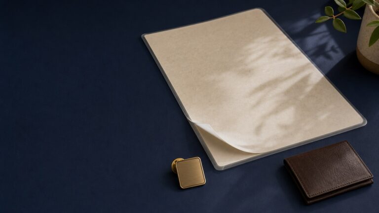 A notebook, wallet and small brass object arranged on dark blue cloth.